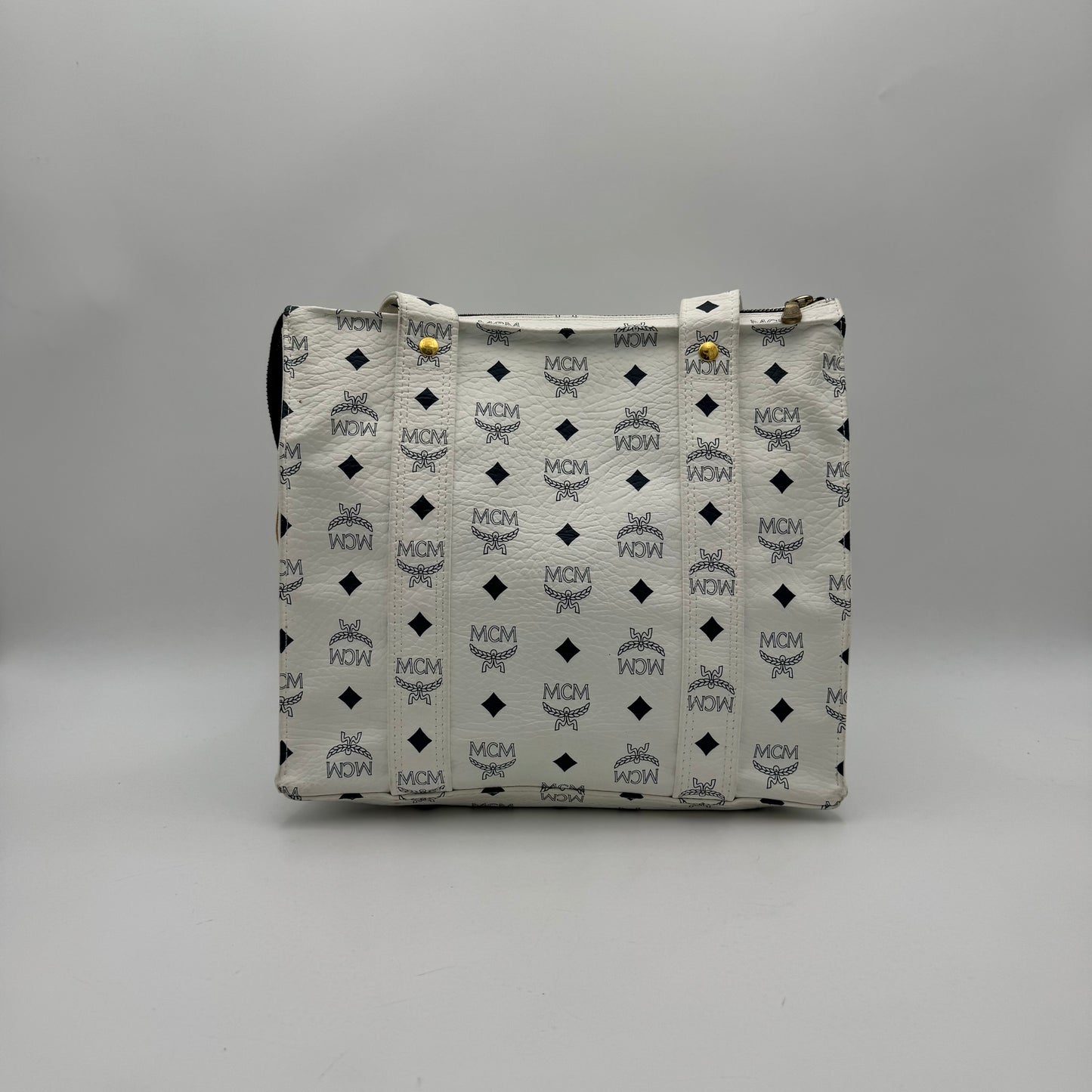 MCM White Visetos Zip Tote GHW
