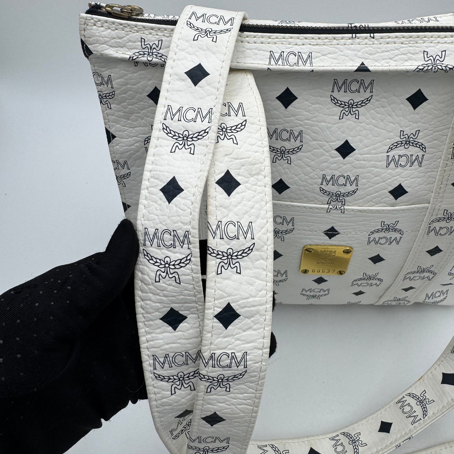 MCM White Visetos Zip Tote GHW