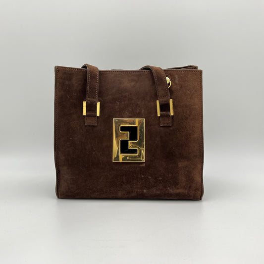 Fendi Vintage Brown Suede Gold FF Logo Handbag