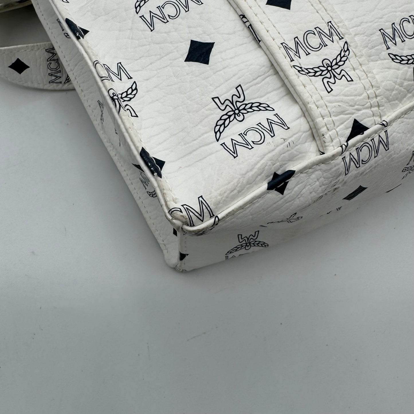 MCM White Visetos Zip Tote GHW