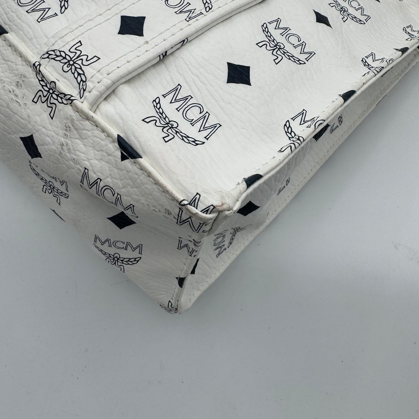 MCM White Visetos Zip Tote GHW