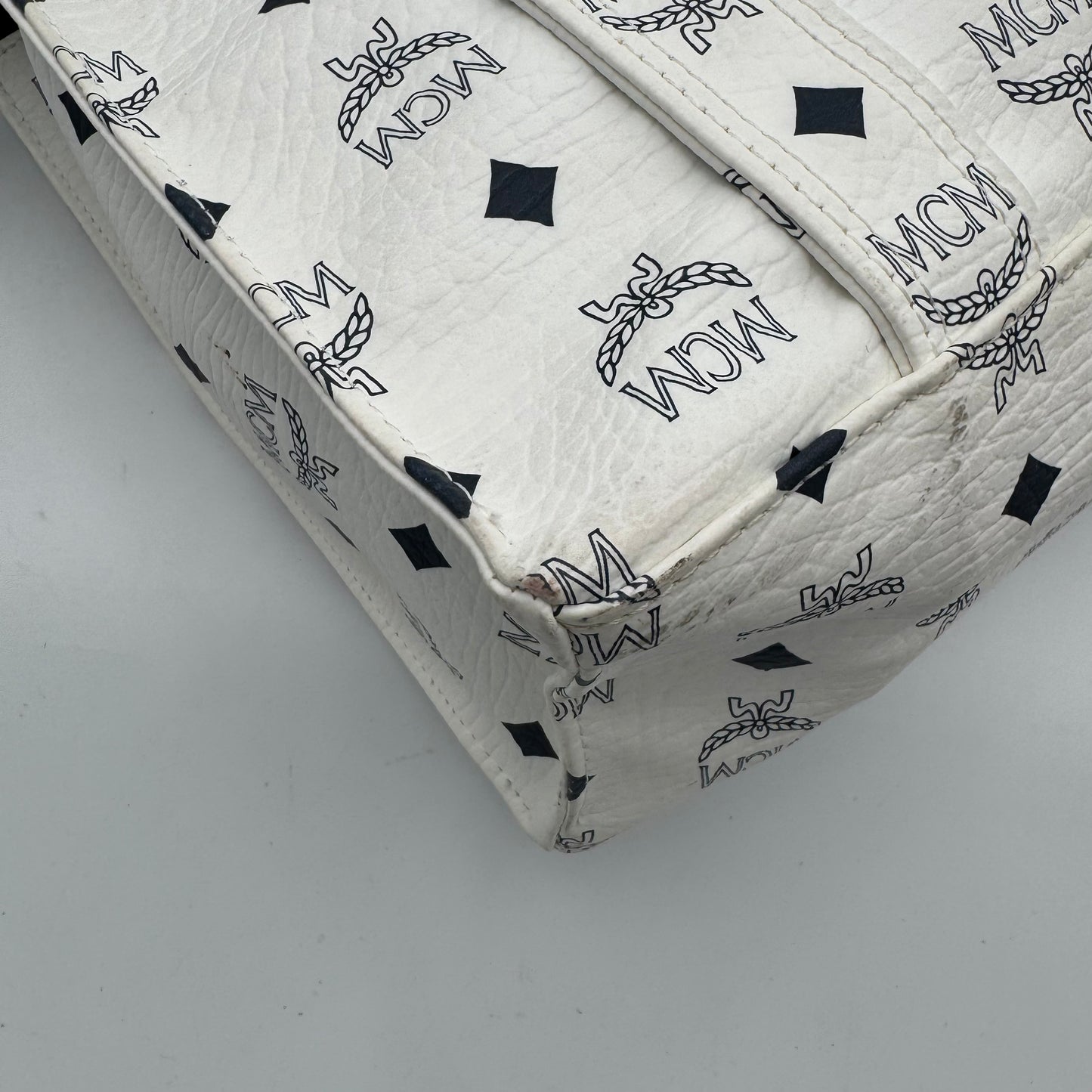 MCM White Visetos Zip Tote GHW