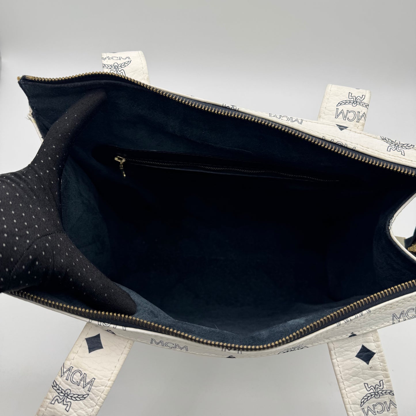 MCM White Visetos Zip Tote GHW