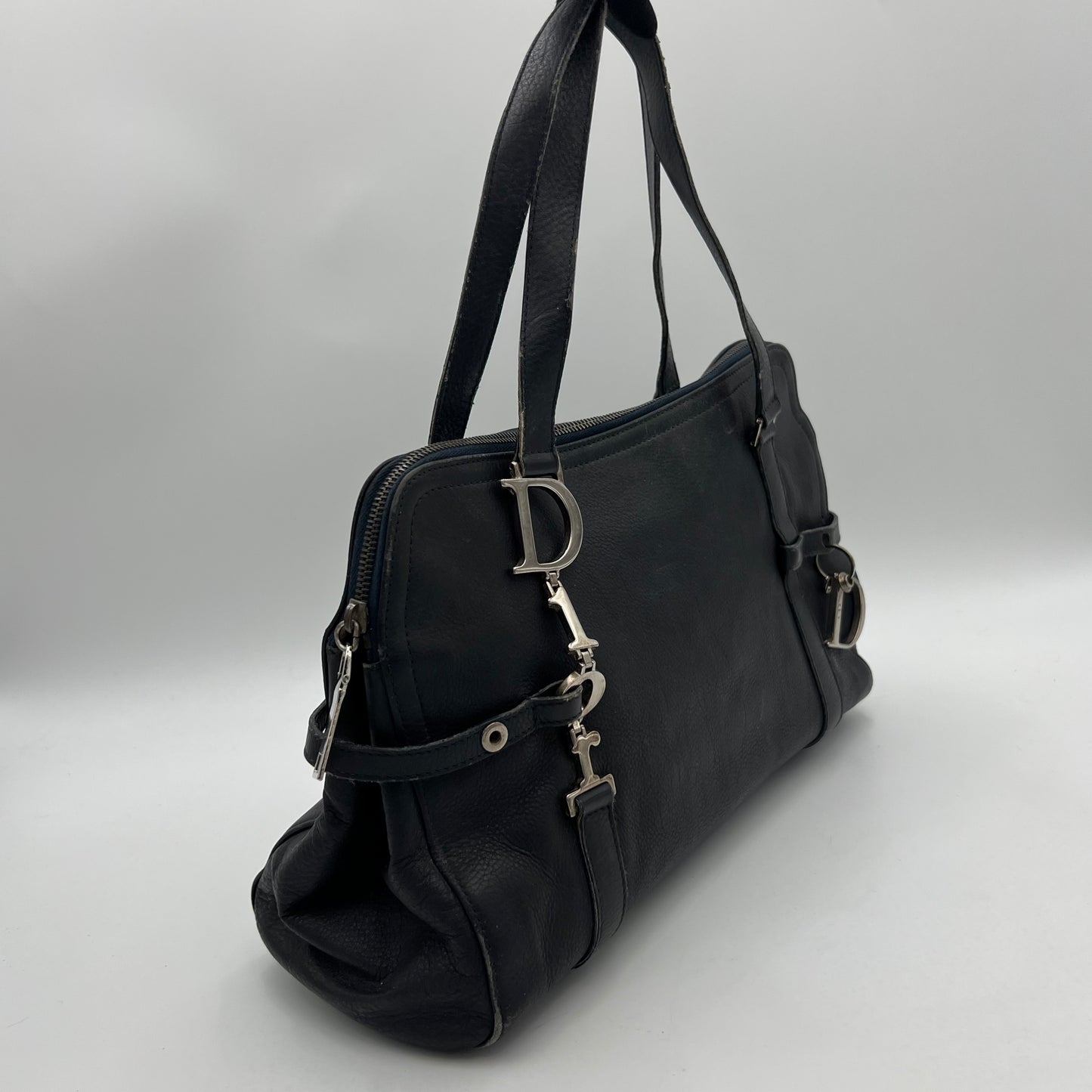 Christian Dior Dark Blue Leather Spellout D Charm Shoulder Bag