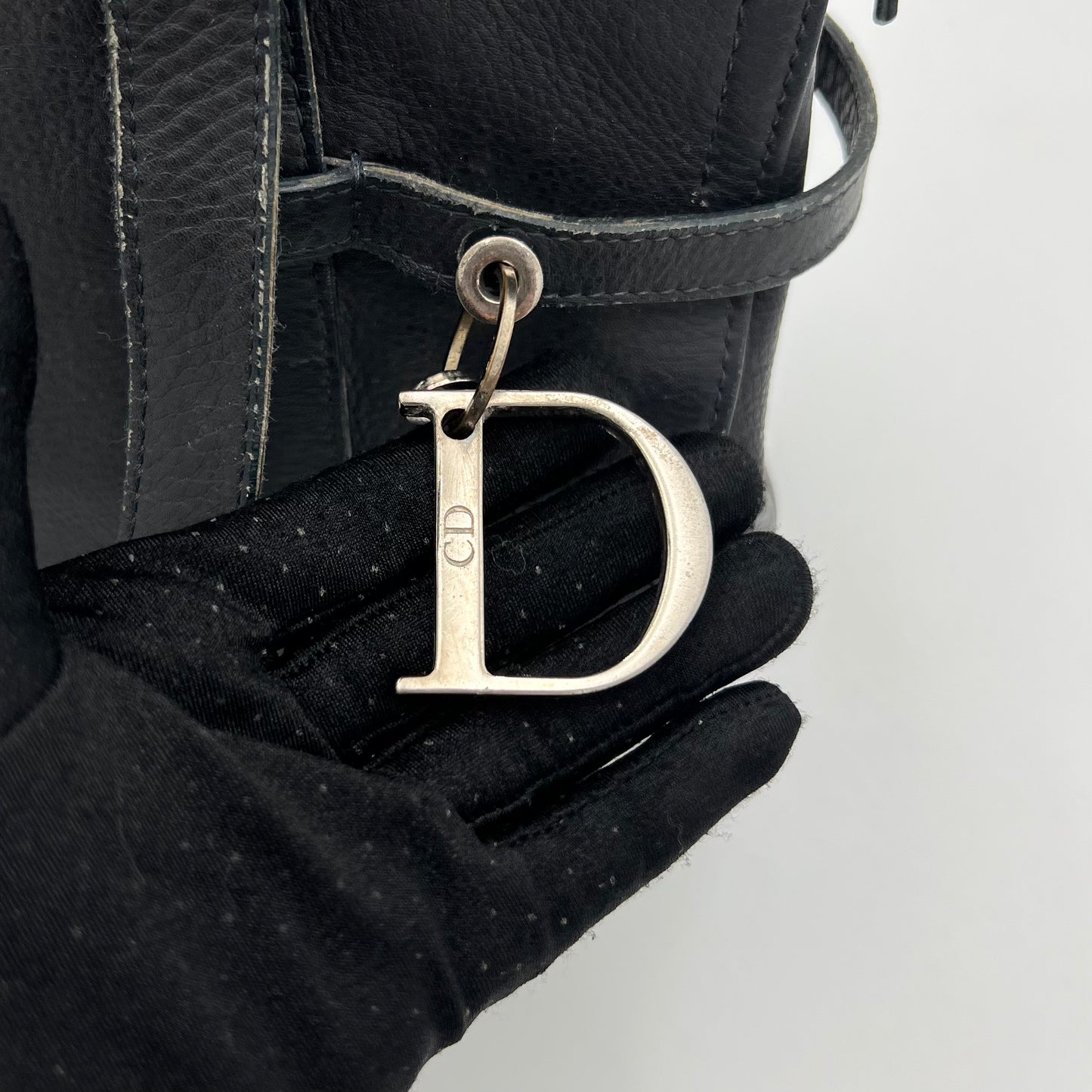 Christian Dior Dark Blue Leather Spellout D Charm Shoulder Bag