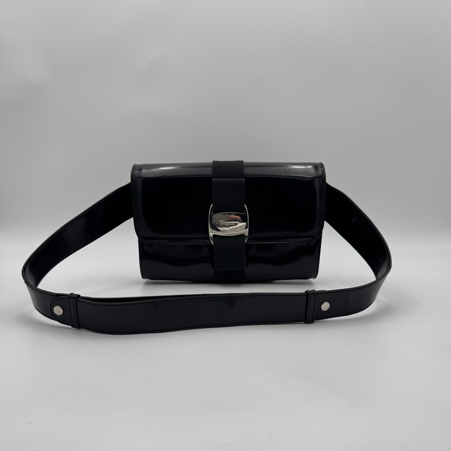 Salvatore Ferragamo Black Patent Leather Vara Bow Shoulder Bag SHW