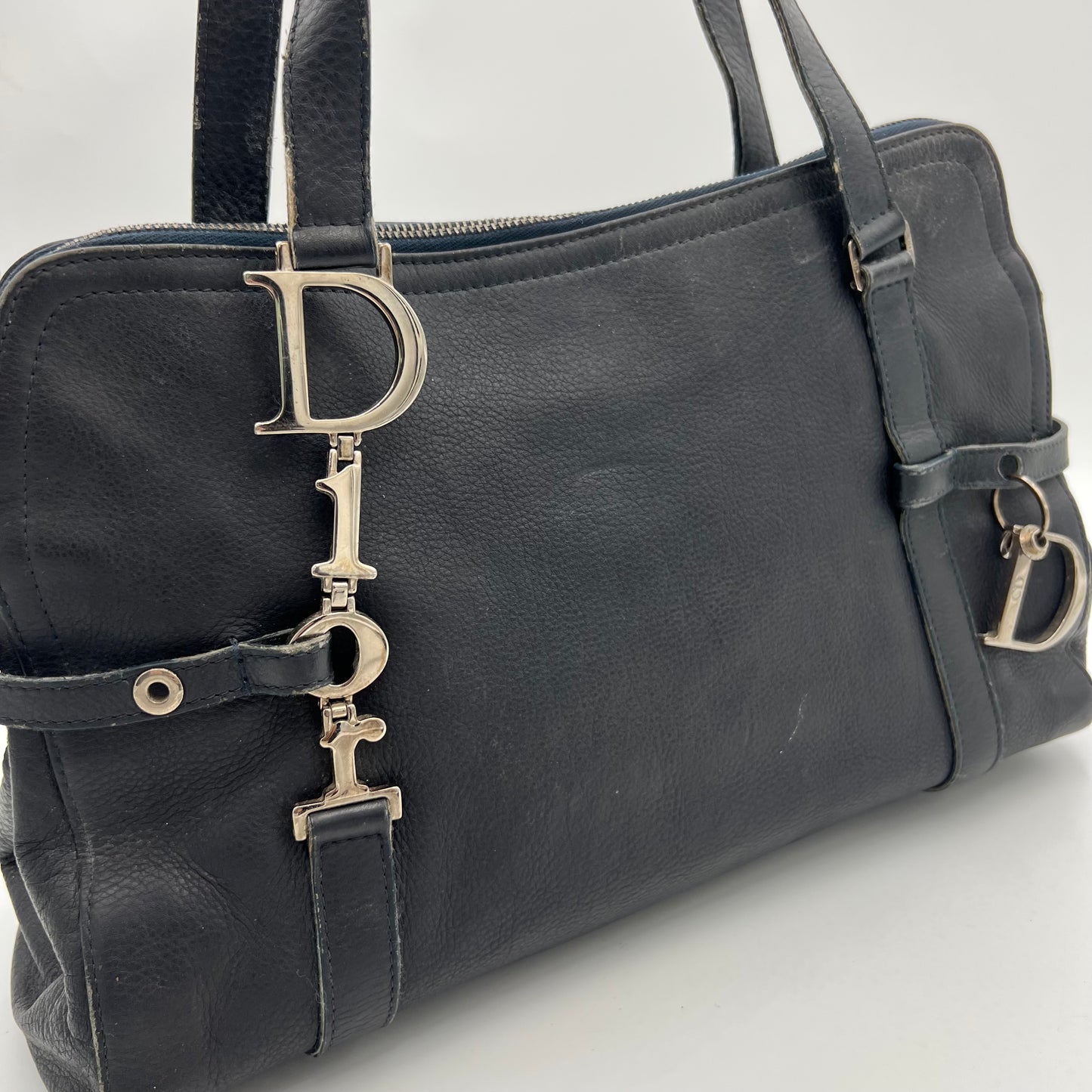 Christian Dior Dark Blue Leather Spellout D Charm Shoulder Bag