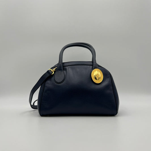 Christian Dior Navy Blue Pebbled Leather Medallion Mini Boston with Long Strap