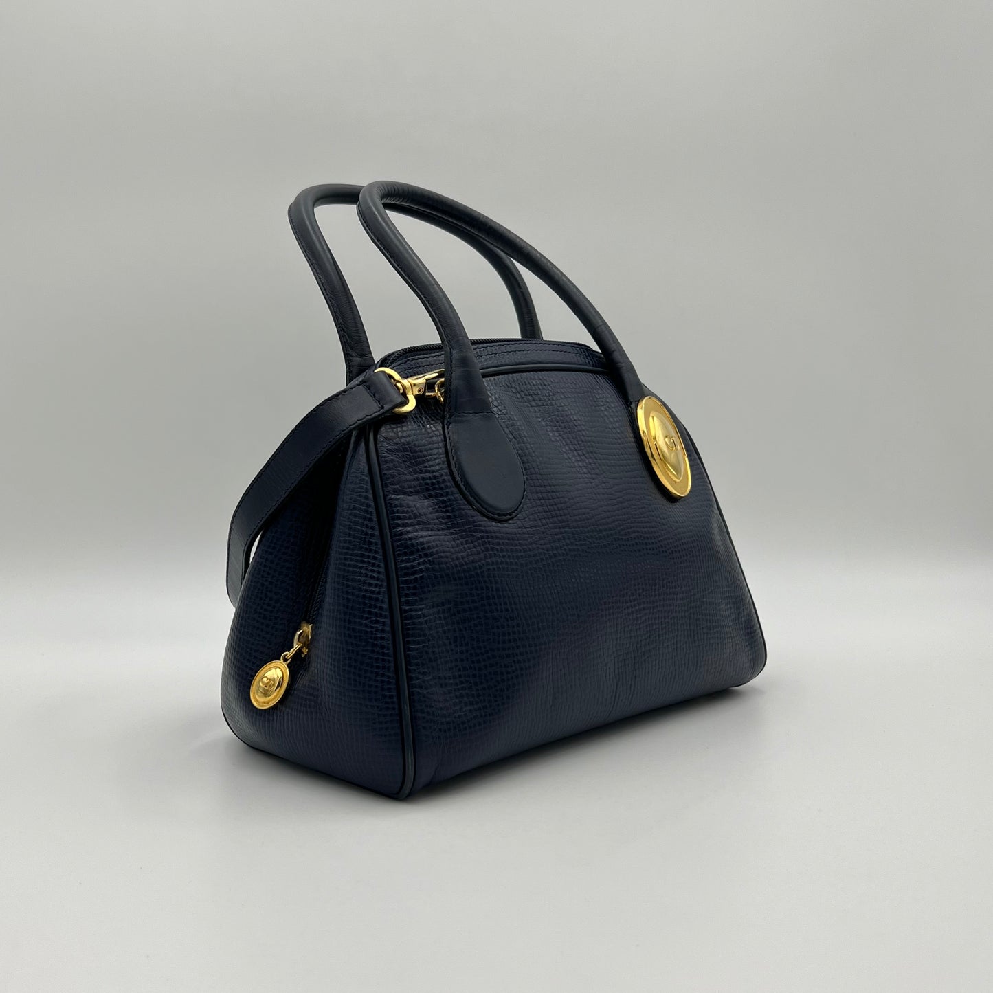 Christian Dior Navy Blue Pebbled Leather Medallion Mini Boston with Long Strap
