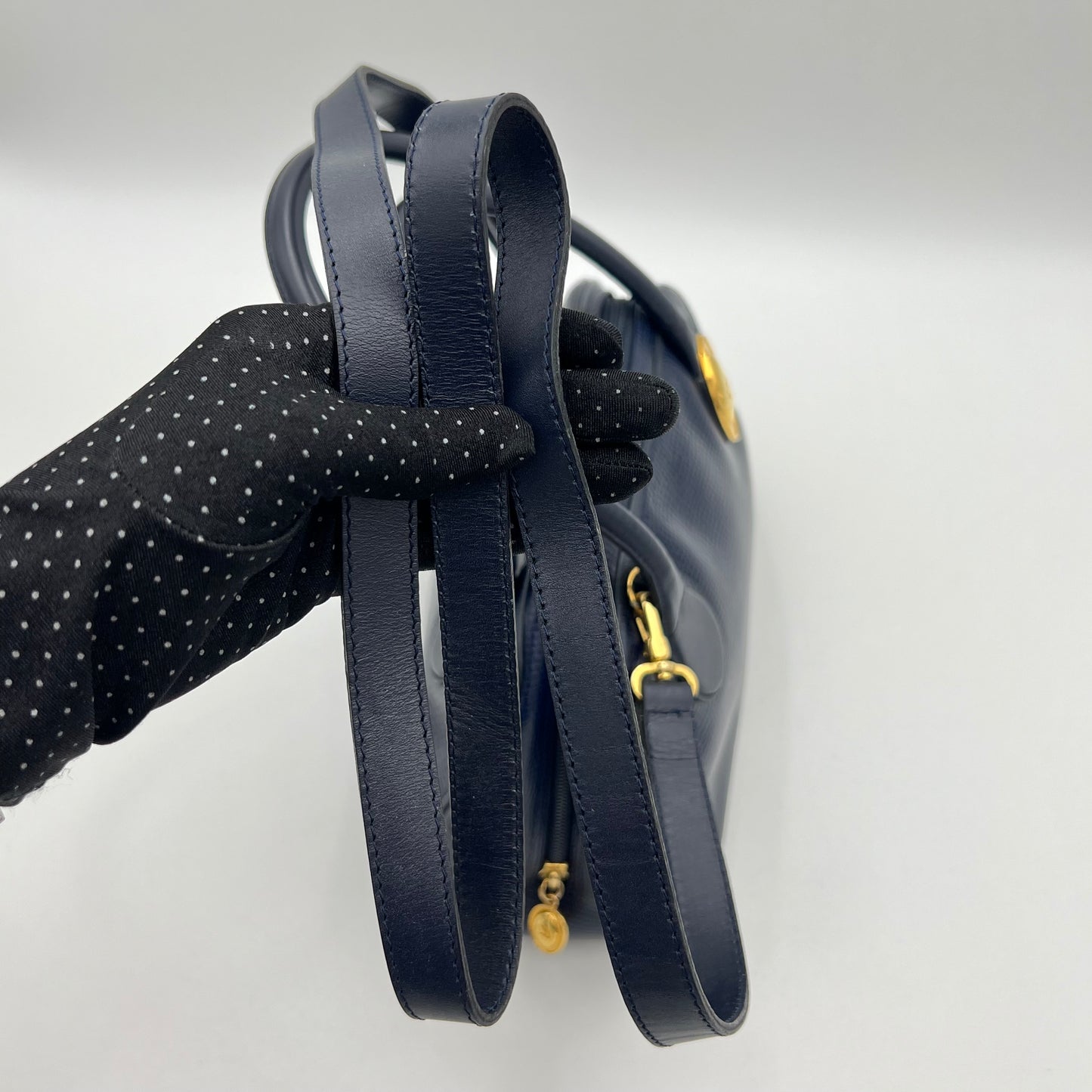 Christian Dior Navy Blue Pebbled Leather Medallion Mini Boston with Long Strap