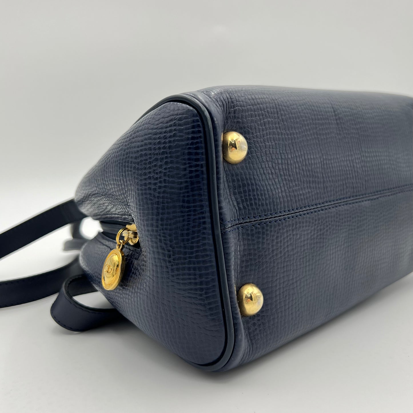Christian Dior Navy Blue Pebbled Leather Medallion Mini Boston with Long Strap