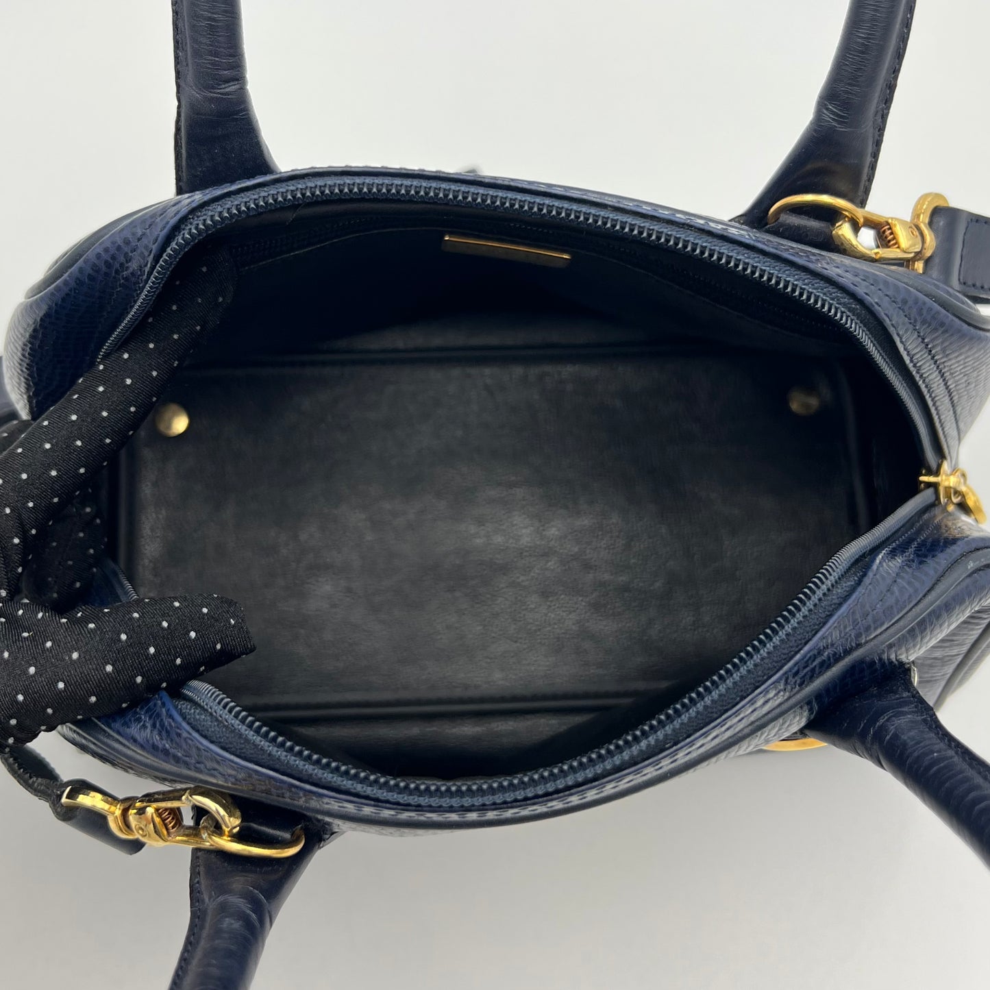 Christian Dior Navy Blue Pebbled Leather Medallion Mini Boston with Long Strap