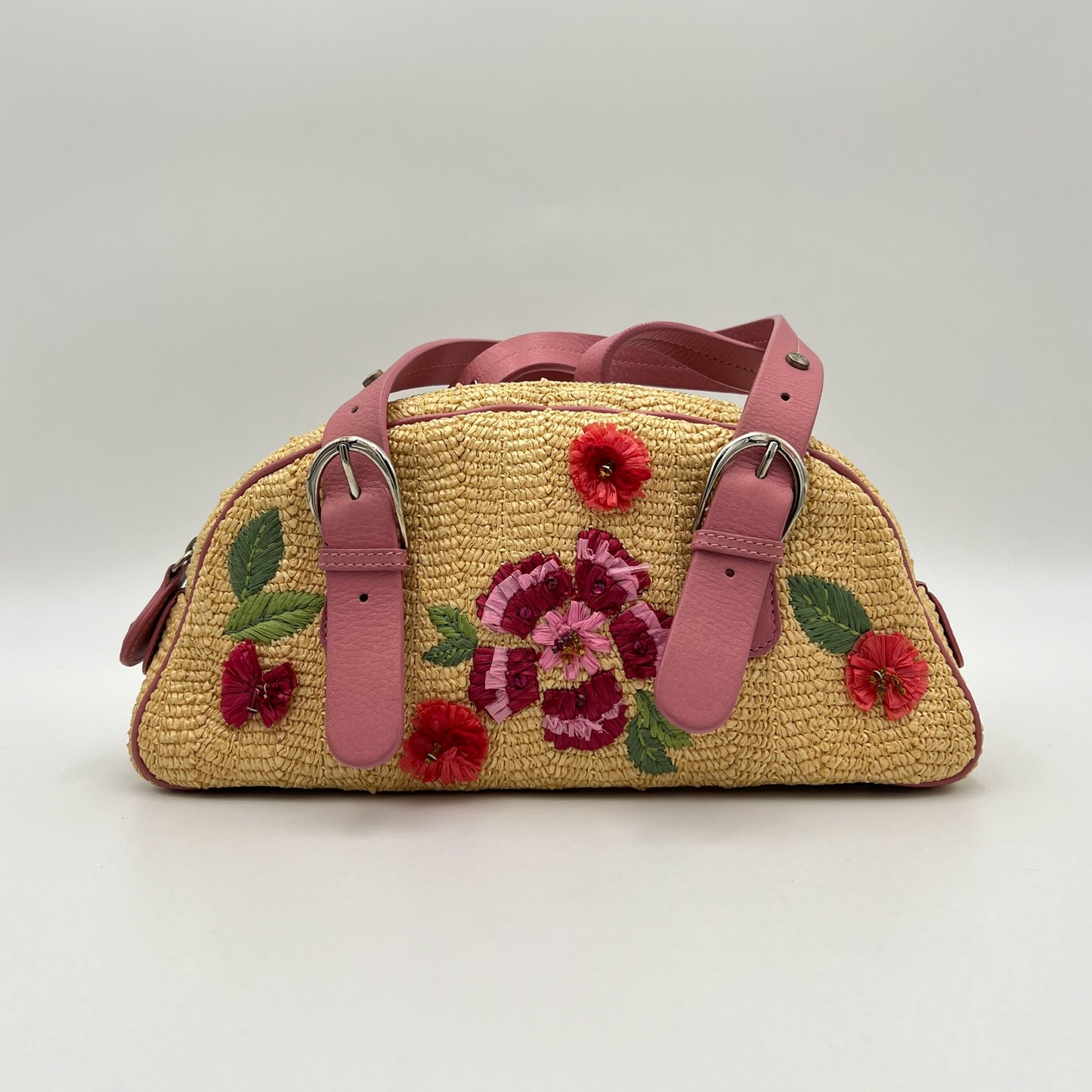 Christian Dior Floral Raffia Pink Leather Trimmed Bowler Handbag