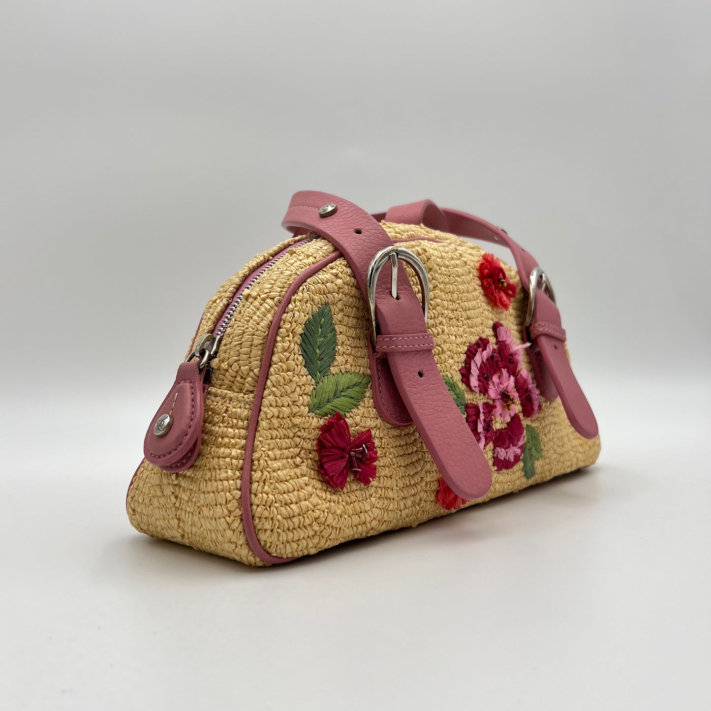Christian Dior Floral Raffia Pink Leather Trimmed Bowler Handbag
