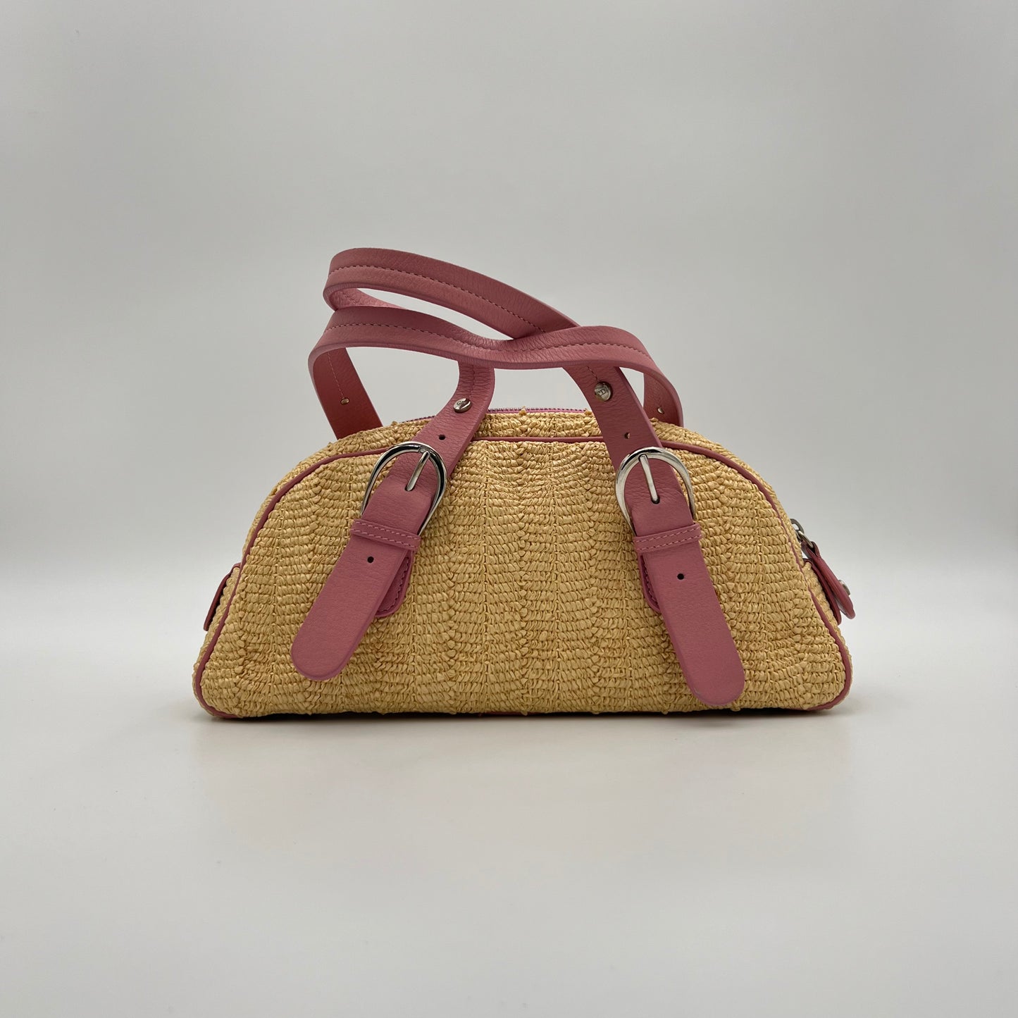 Christian Dior Floral Raffia Pink Leather Trimmed Bowler Handbag