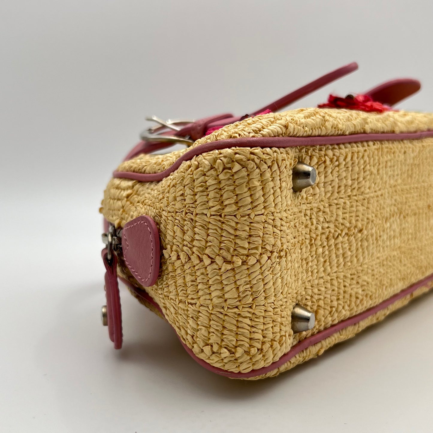Christian Dior Floral Raffia Pink Leather Trimmed Bowler Handbag