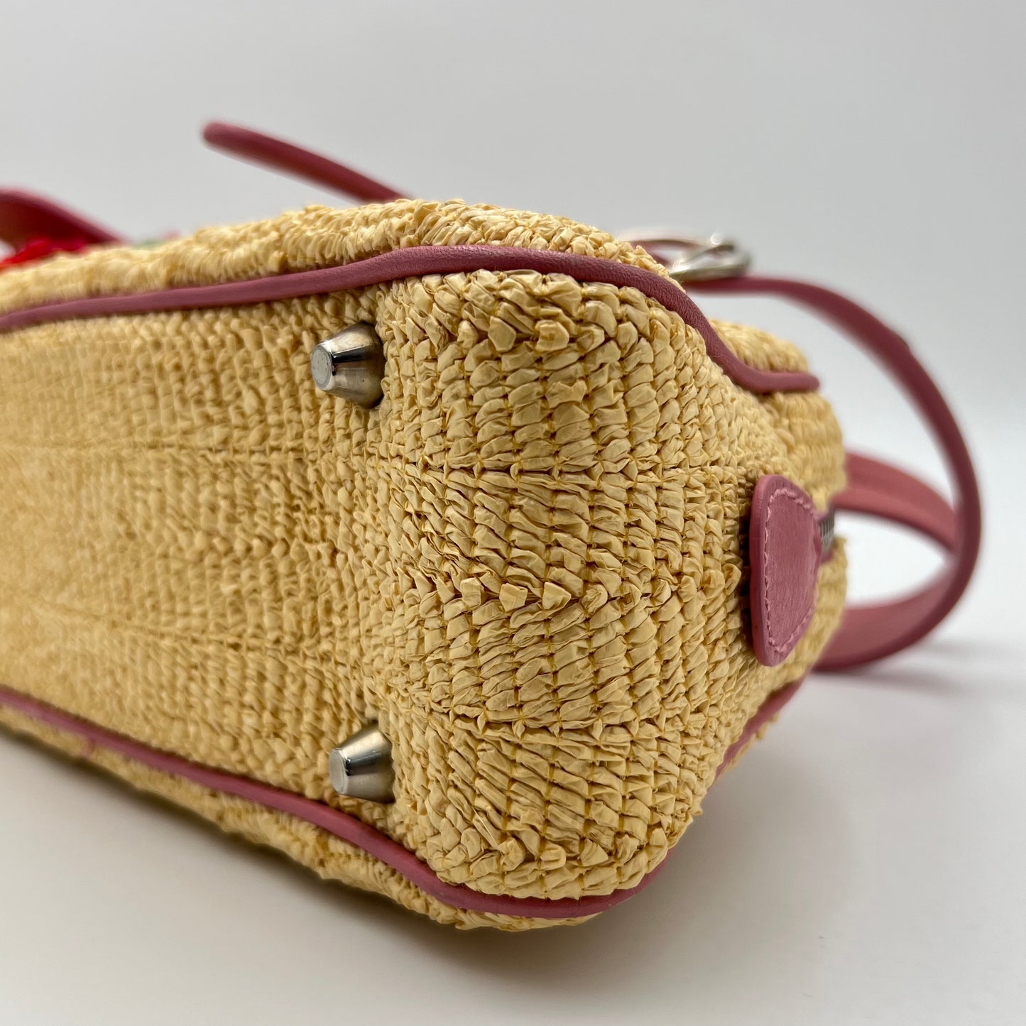 Christian Dior Floral Raffia Pink Leather Trimmed Bowler Handbag