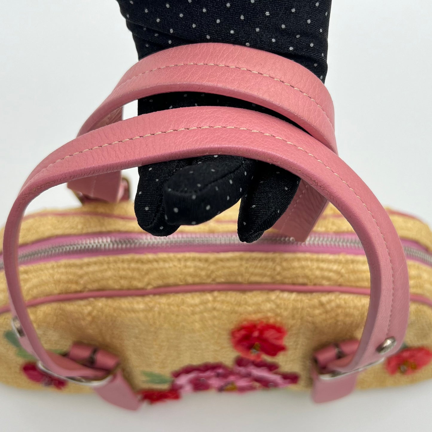 Christian Dior Floral Raffia Pink Leather Trimmed Bowler Handbag