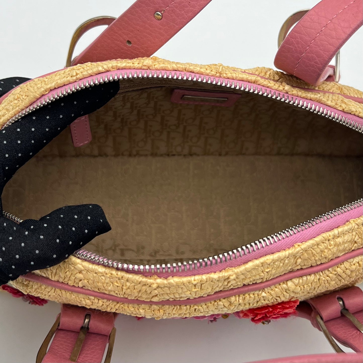 Christian Dior Floral Raffia Pink Leather Trimmed Bowler Handbag