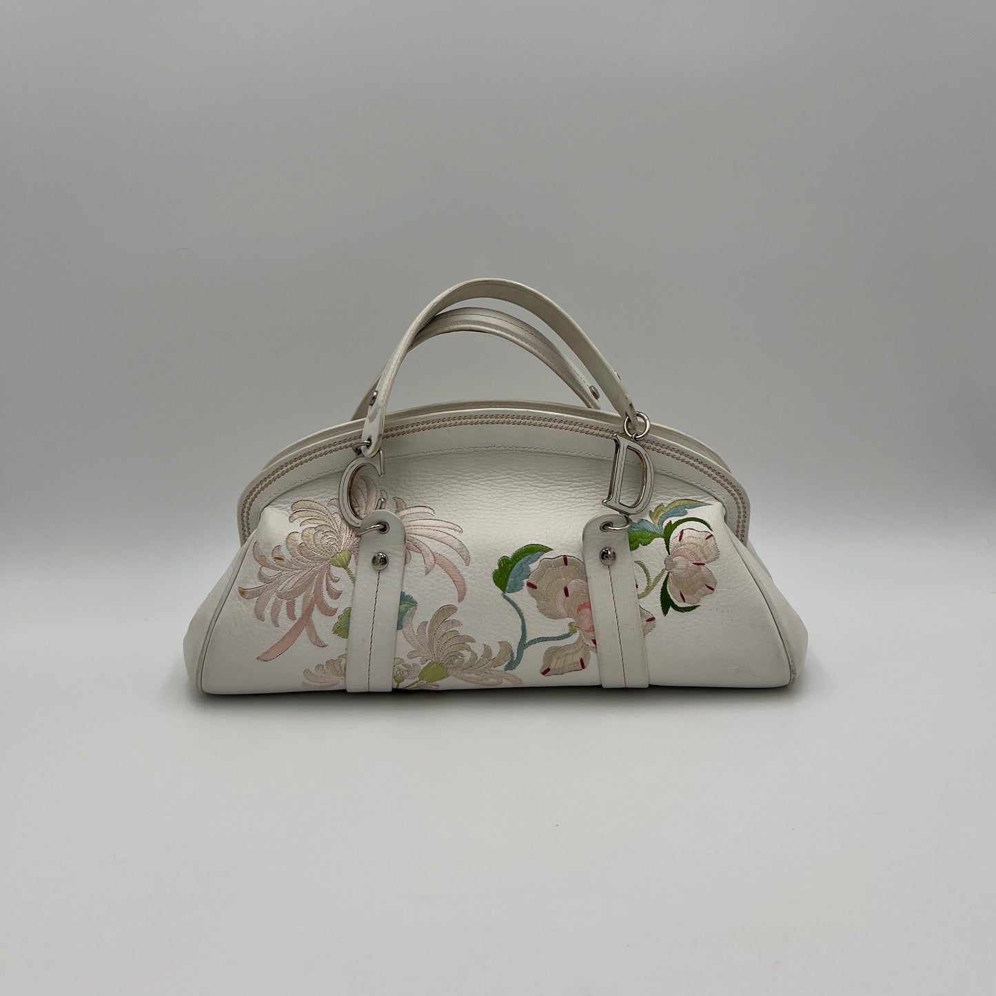 Christian Dior White Leather Embroidered Flower Handbag