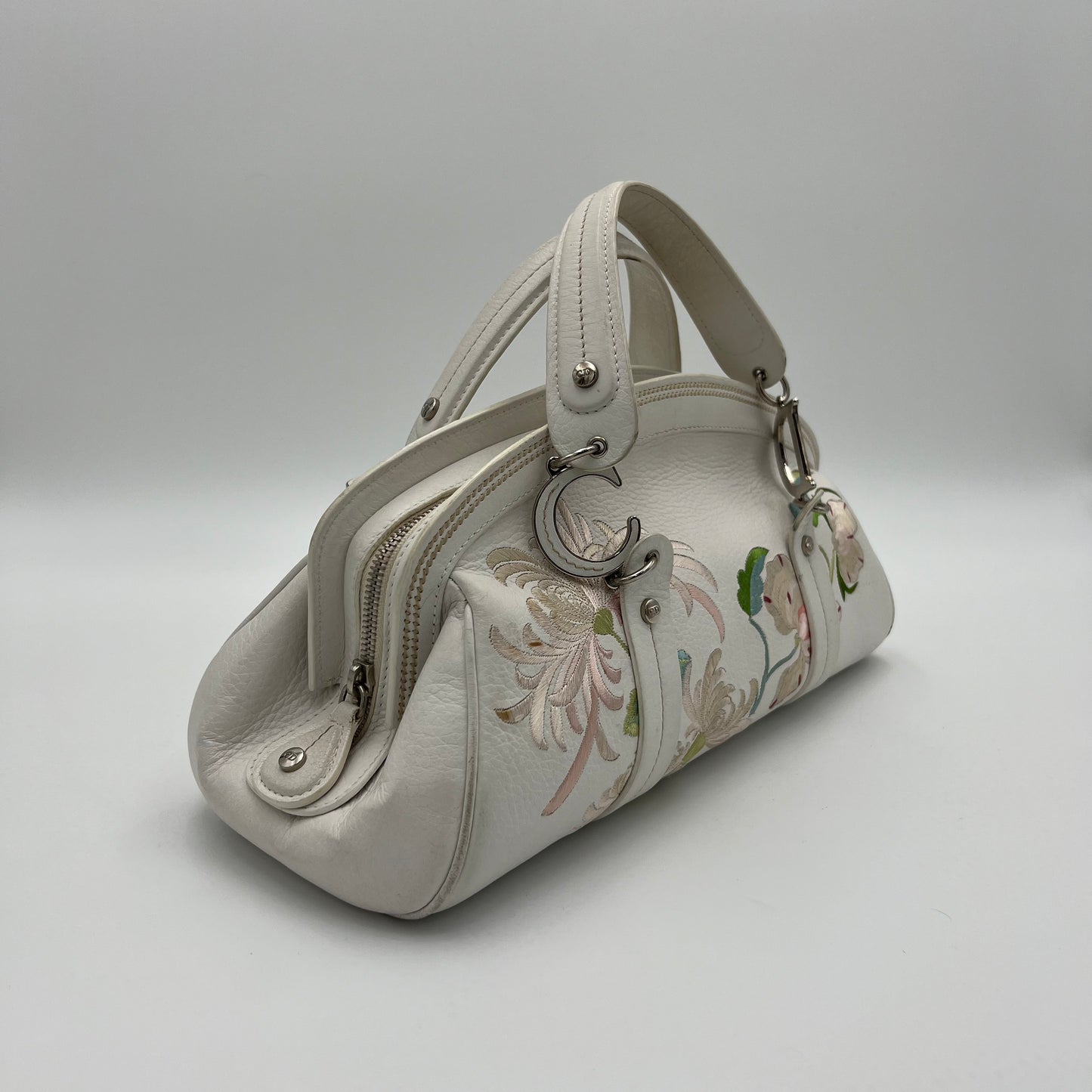 Christian Dior White Leather Embroidered Flower Handbag