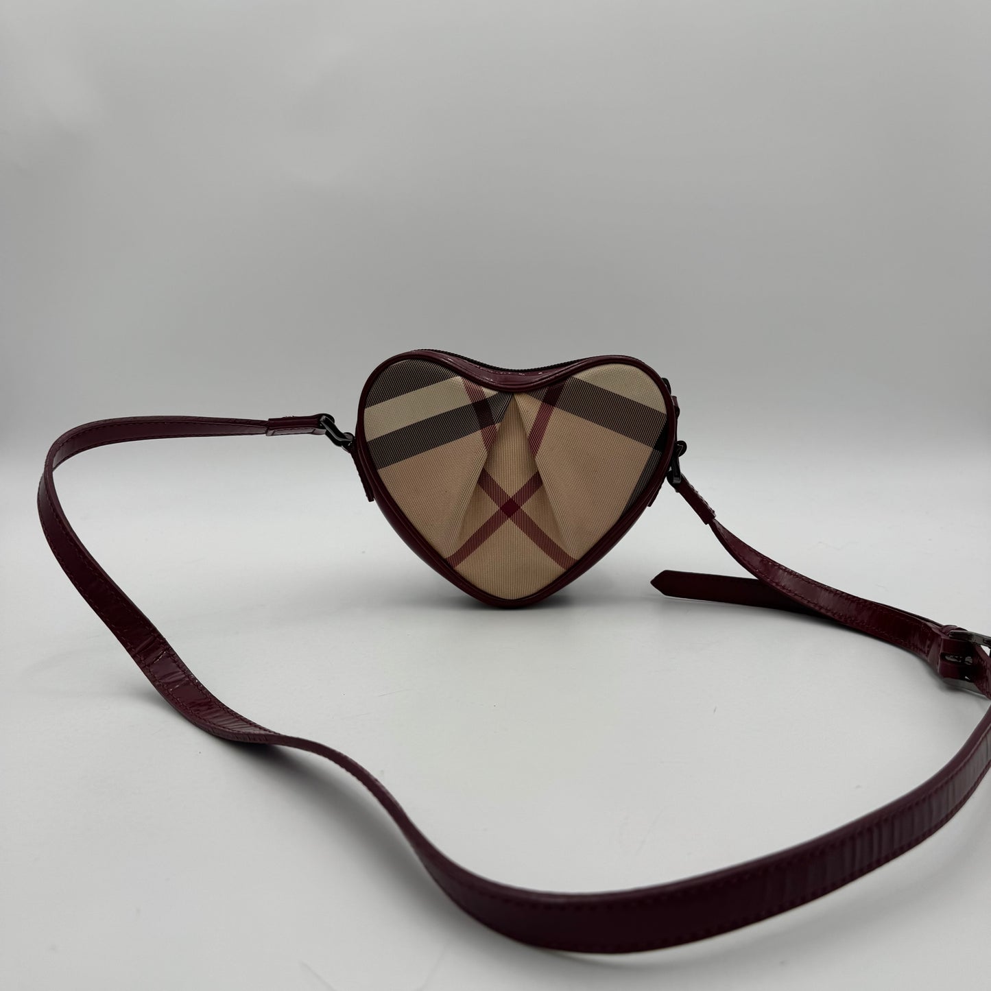 Burberry Burgundy Leather Nova Check Heart Mini Crossbody