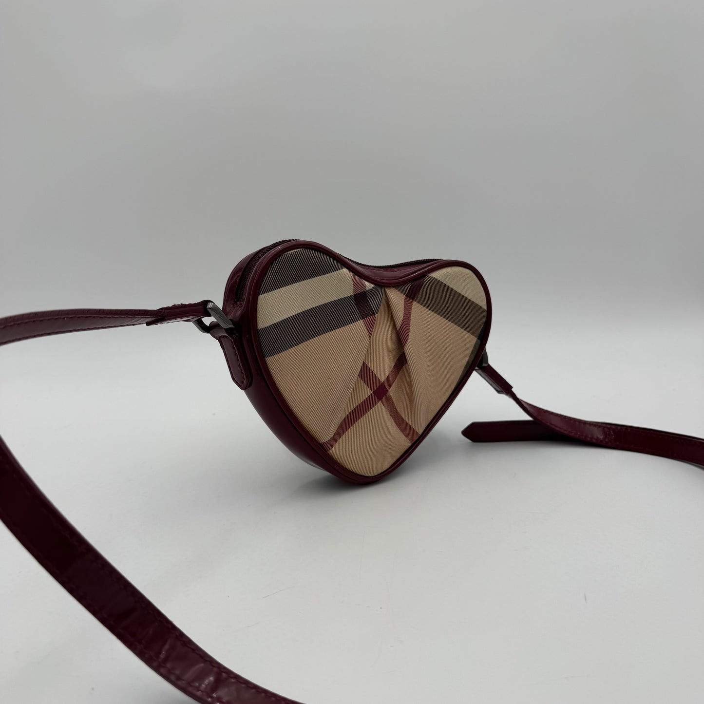Burberry Burgundy Leather Nova Check Heart Mini Crossbody