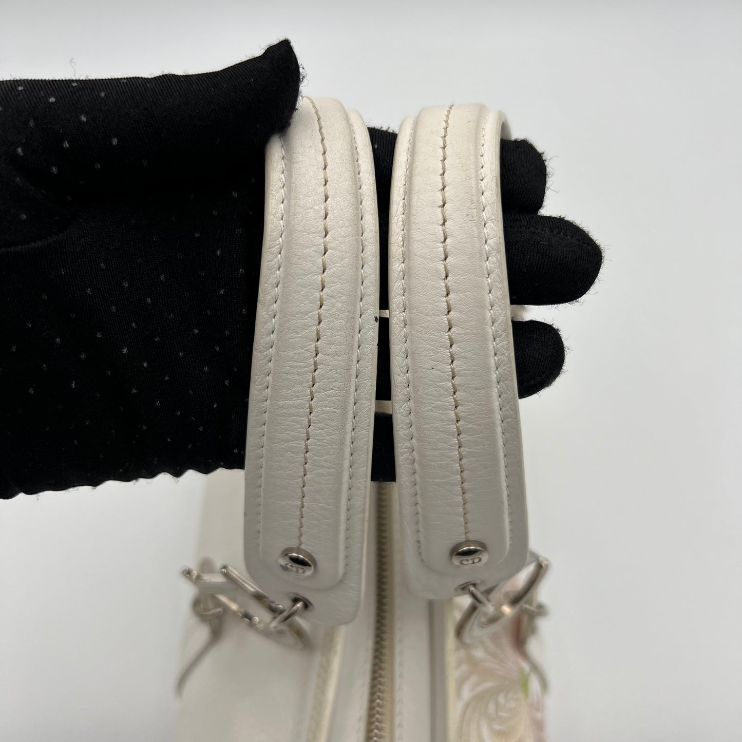 Christian Dior White Leather Embroidered Flower Handbag