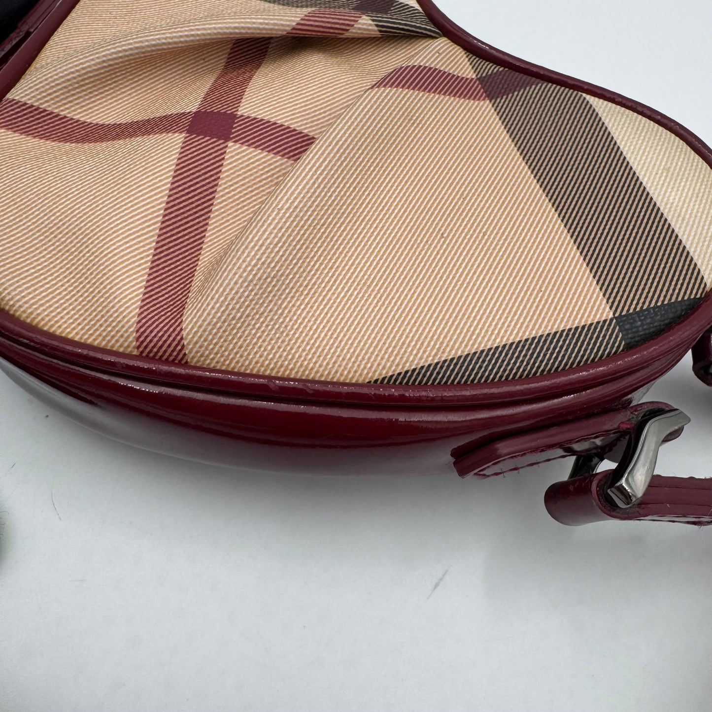 Burberry Burgundy Leather Nova Check Heart Mini Crossbody