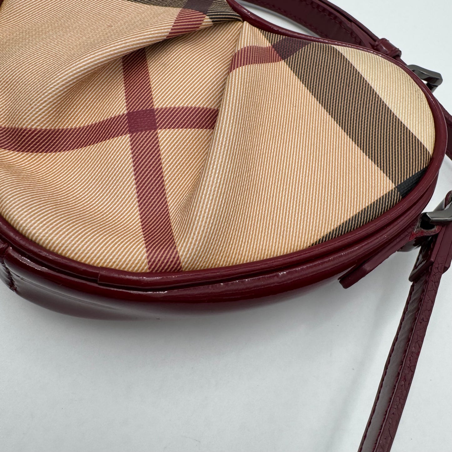 Burberry Burgundy Leather Nova Check Heart Mini Crossbody