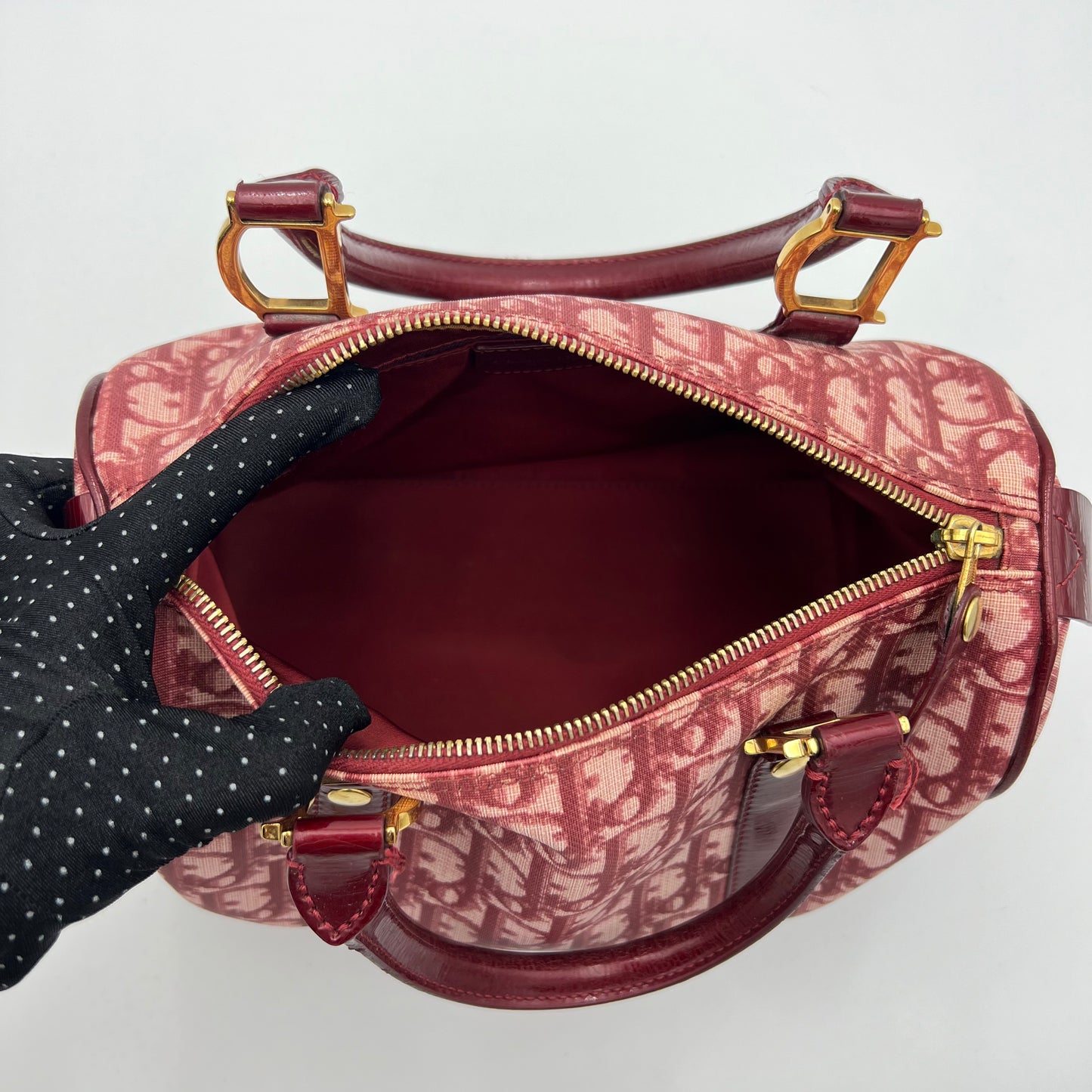 Christian Dior Burgundy Trotter PVC an Patent Leather Boston 25 GHW