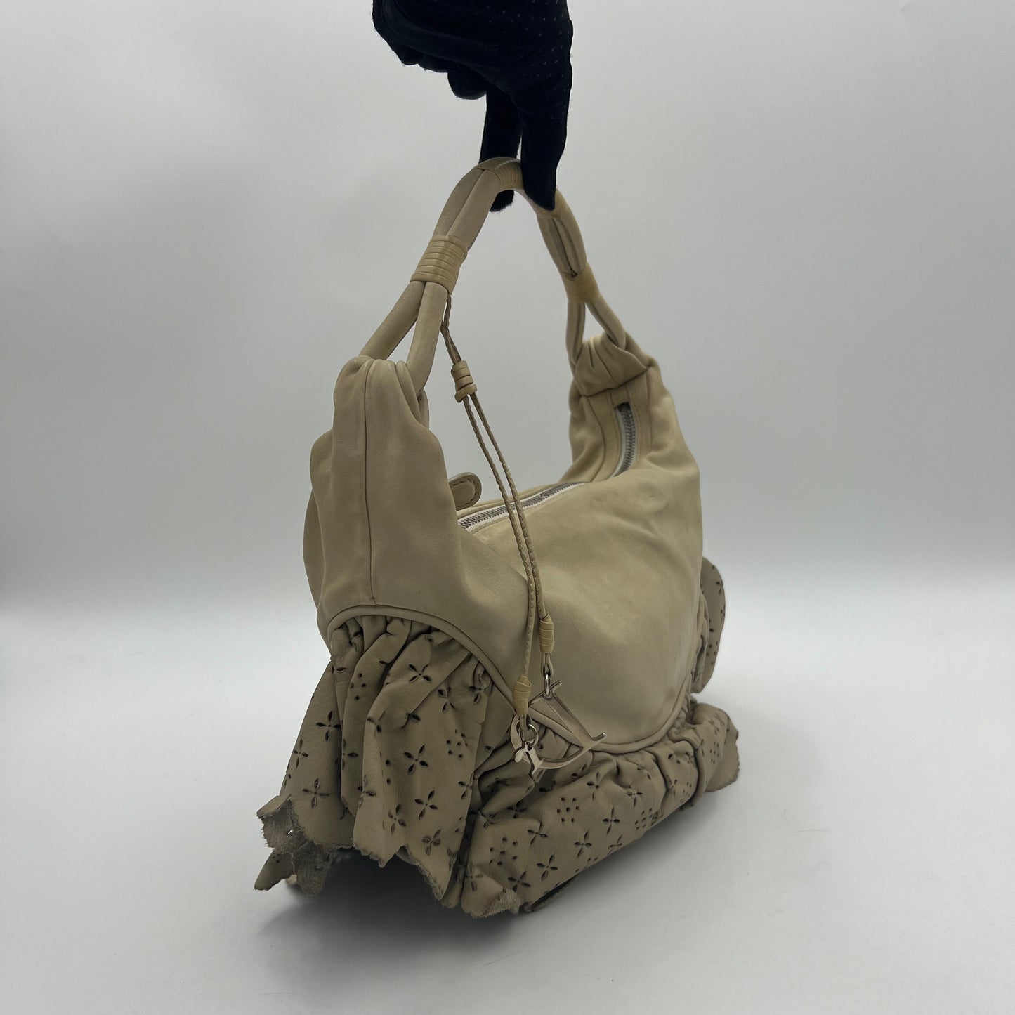 Christian Dior Beige Leather Gypsy Ruffle Hobo Bag