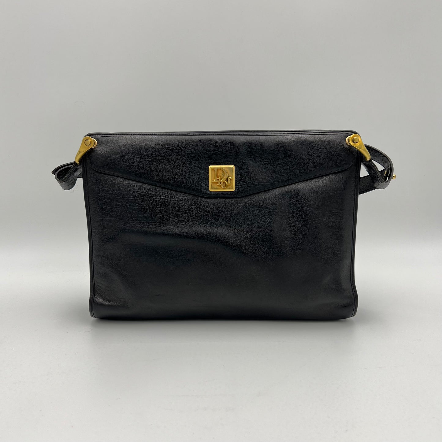 Christian Dior Vintage Black Leather Logo Plate Shoulder Bag