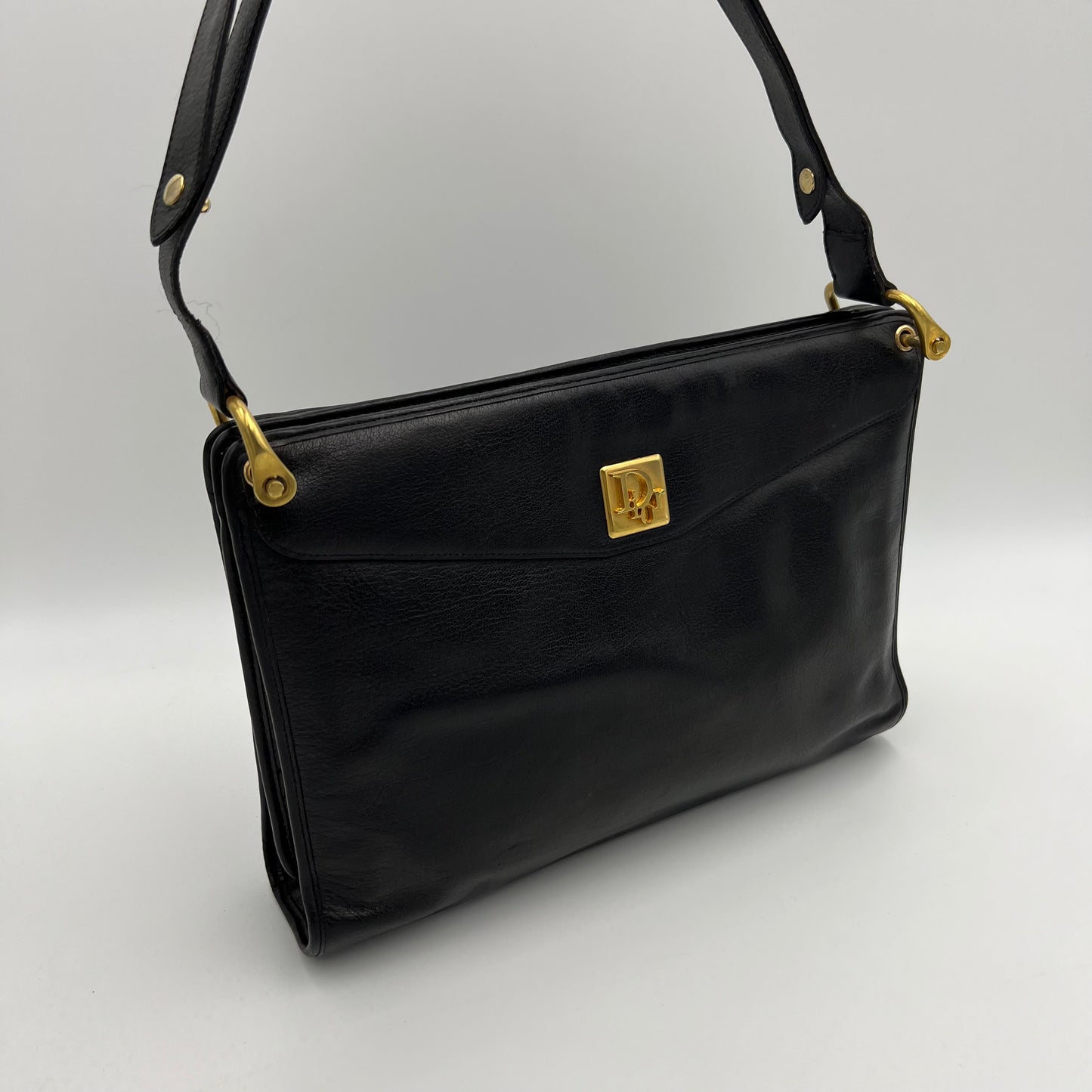 Christian Dior Vintage Black Leather Logo Plate Shoulder Bag