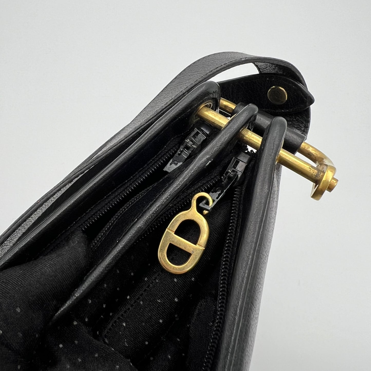 Christian Dior Vintage Black Leather Logo Plate Shoulder Bag
