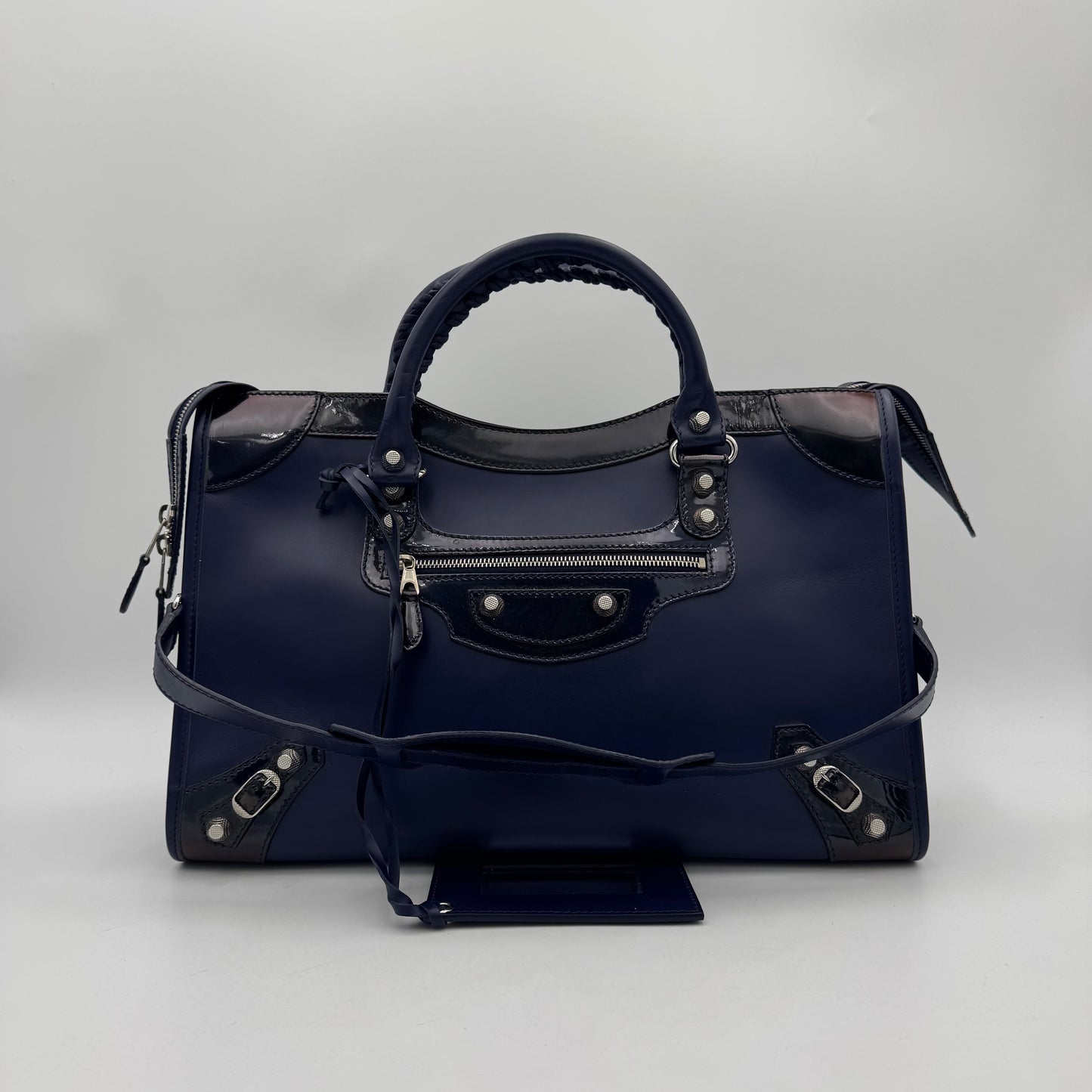 Balenciaga Dark Blue Matte and Black Patent Leather Giant 12 City Bag SHW