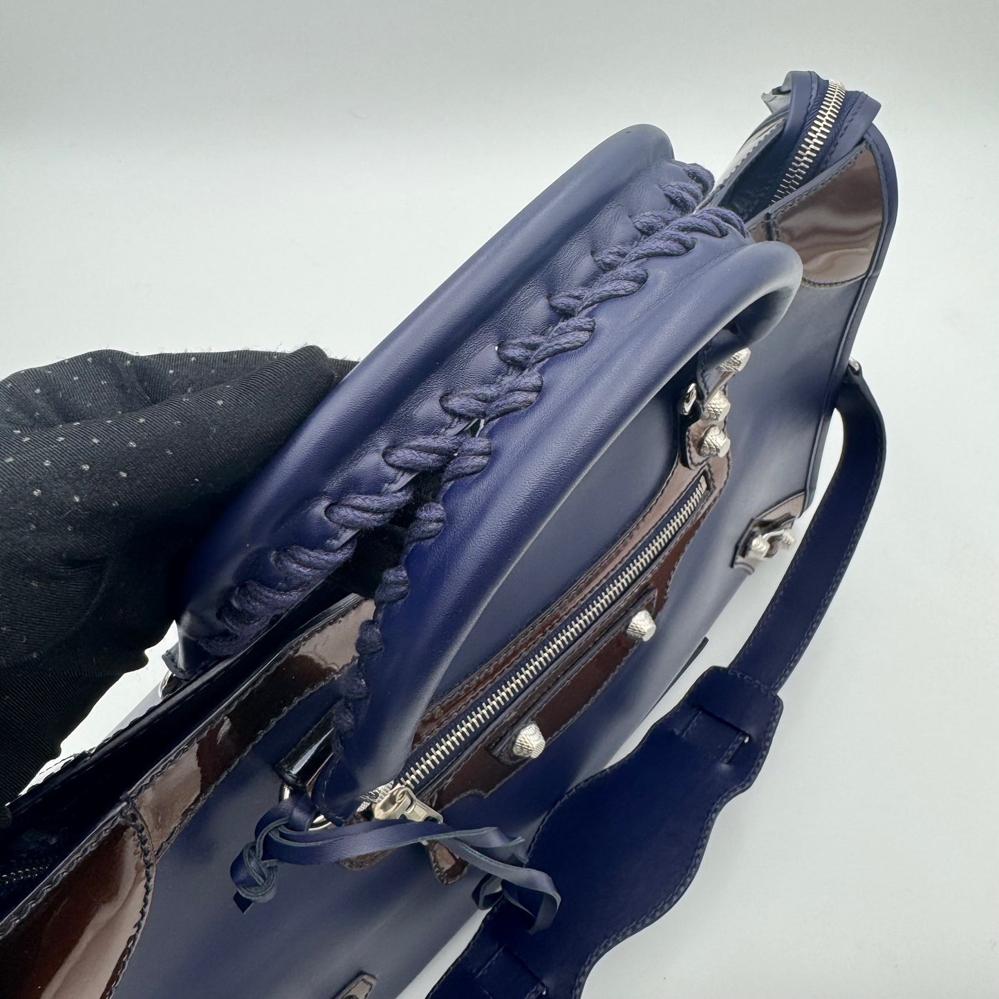 Balenciaga Dark Blue Matte and Black Patent Leather Giant 12 City Bag SHW
