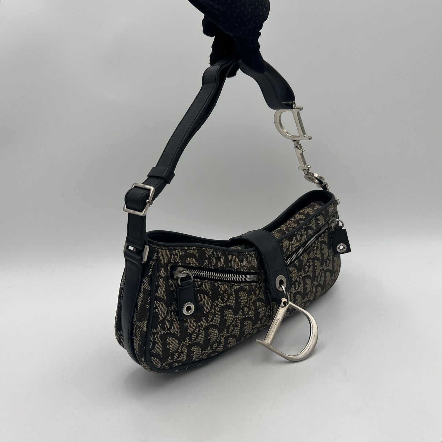 Christian Dior Black Oblique Canvas D Charm Spellout Shoulder Bag