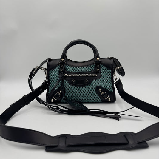 Balenciaga Black Leather Blue Green Raffia Mini City