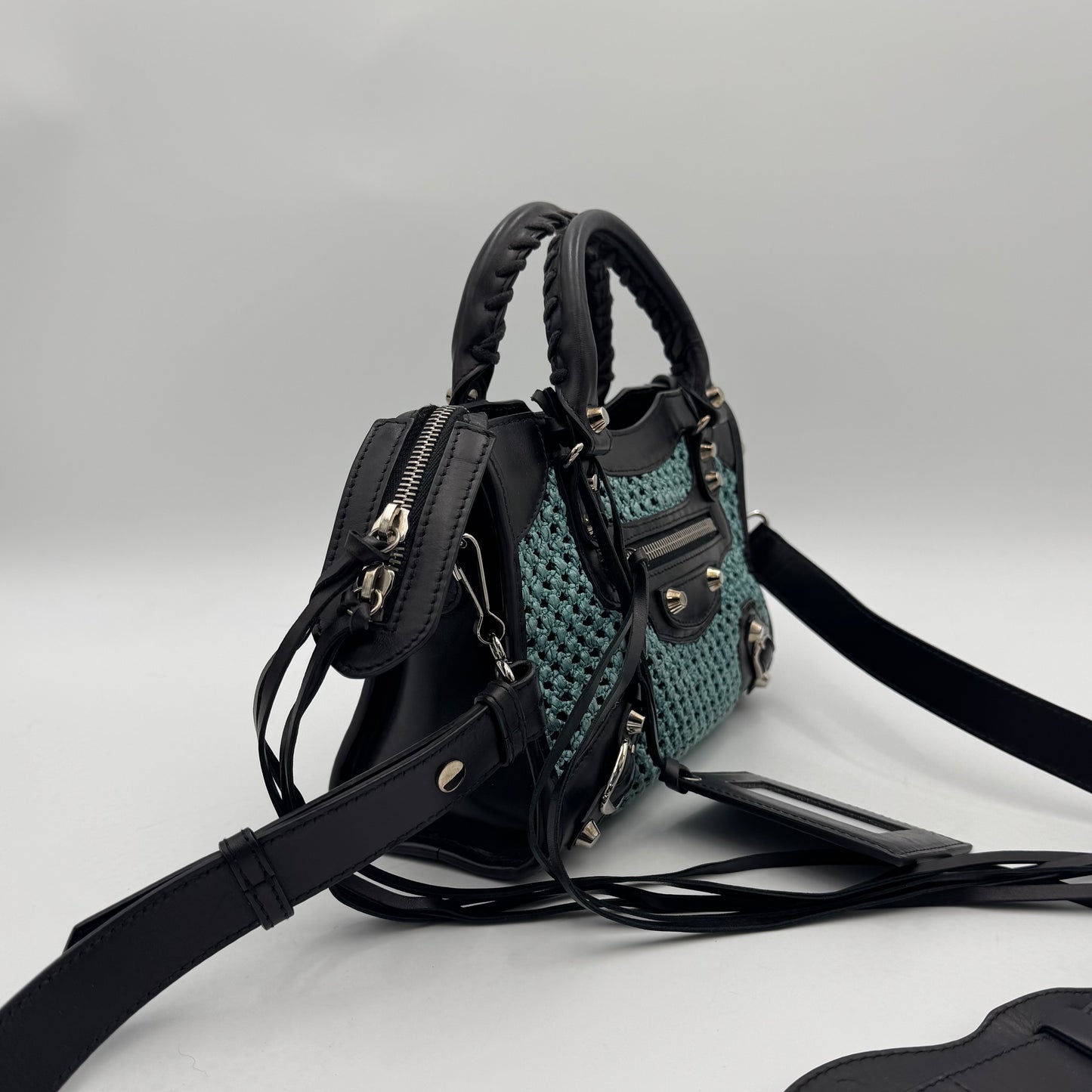 Balenciaga Black Leather Blue Green Raffia Mini City