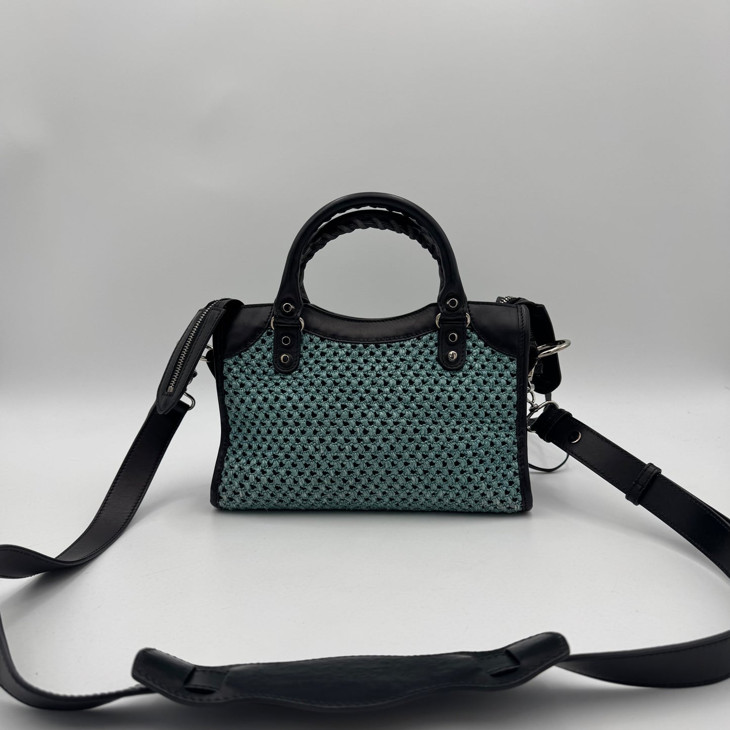 Balenciaga Black Leather Blue Green Raffia Mini City