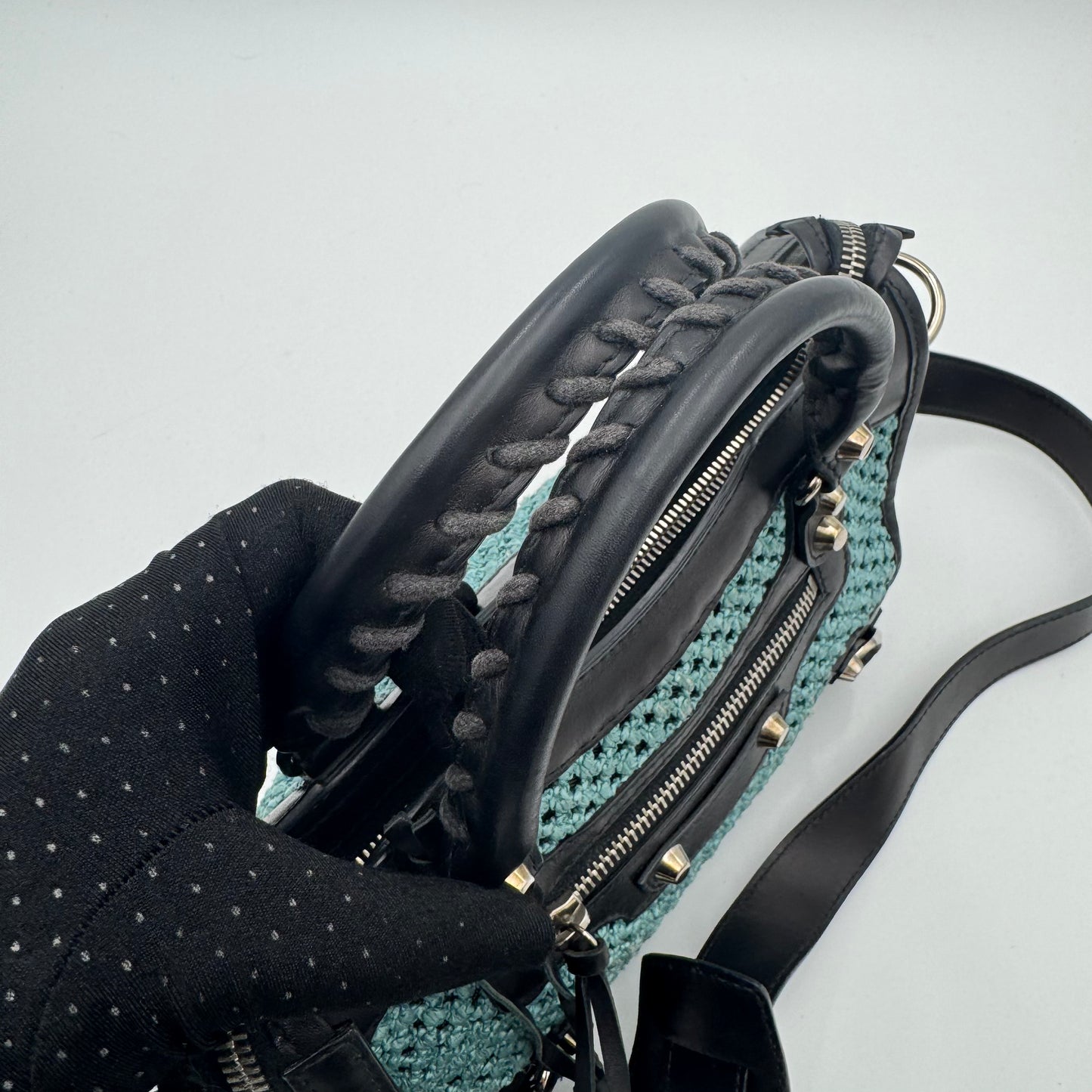 Balenciaga Black Leather Blue Green Raffia Mini City