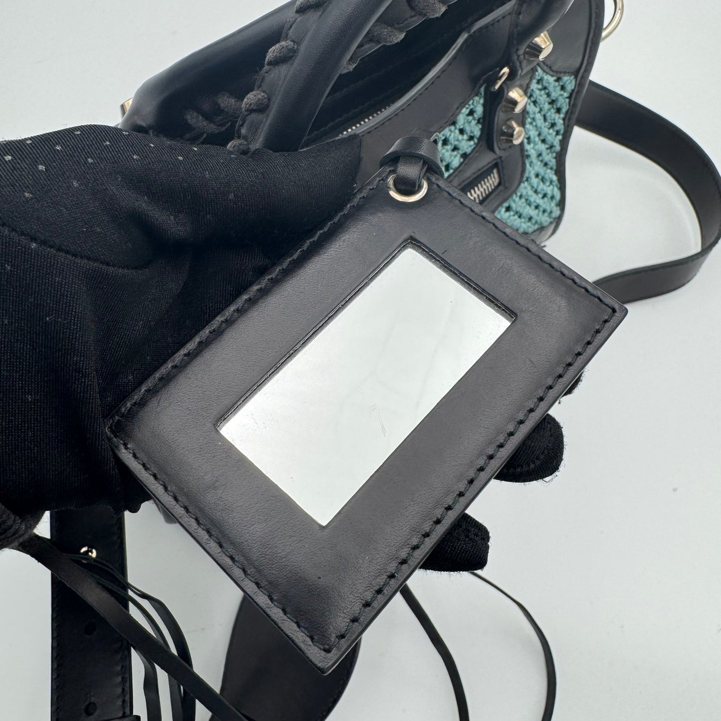 Balenciaga Black Leather Blue Green Raffia Mini City