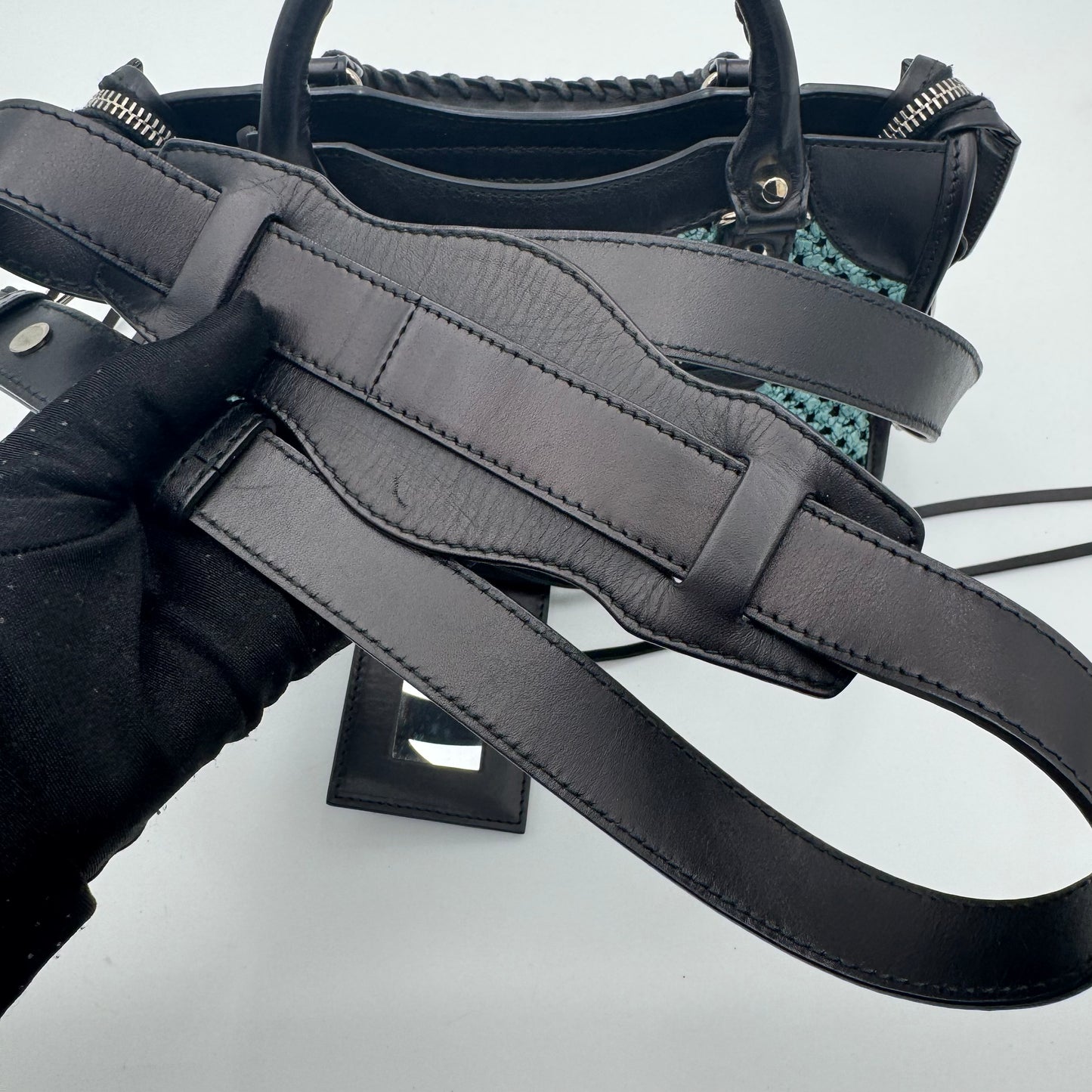 Balenciaga Black Leather Blue Green Raffia Mini City