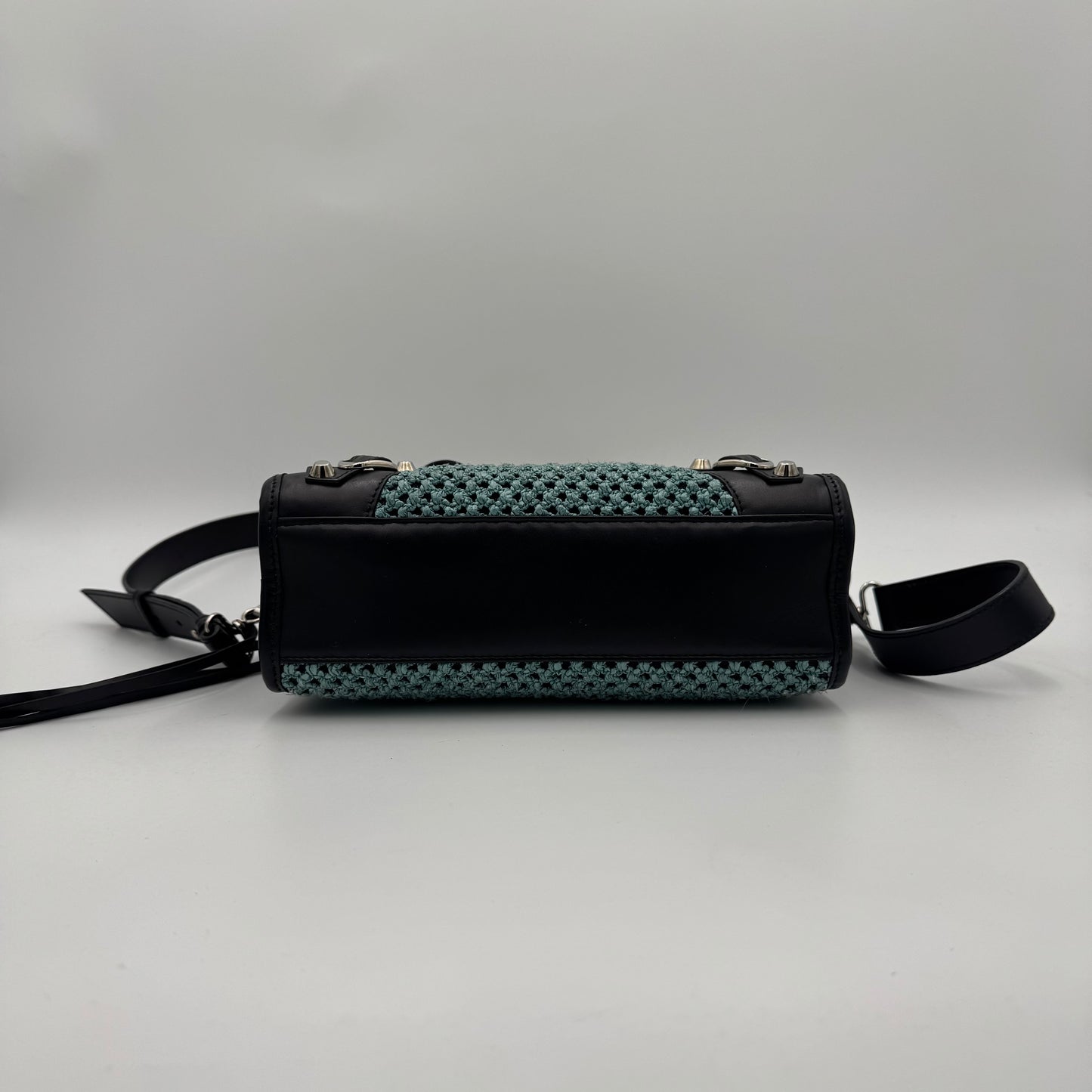 Balenciaga Black Leather Blue Green Raffia Mini City