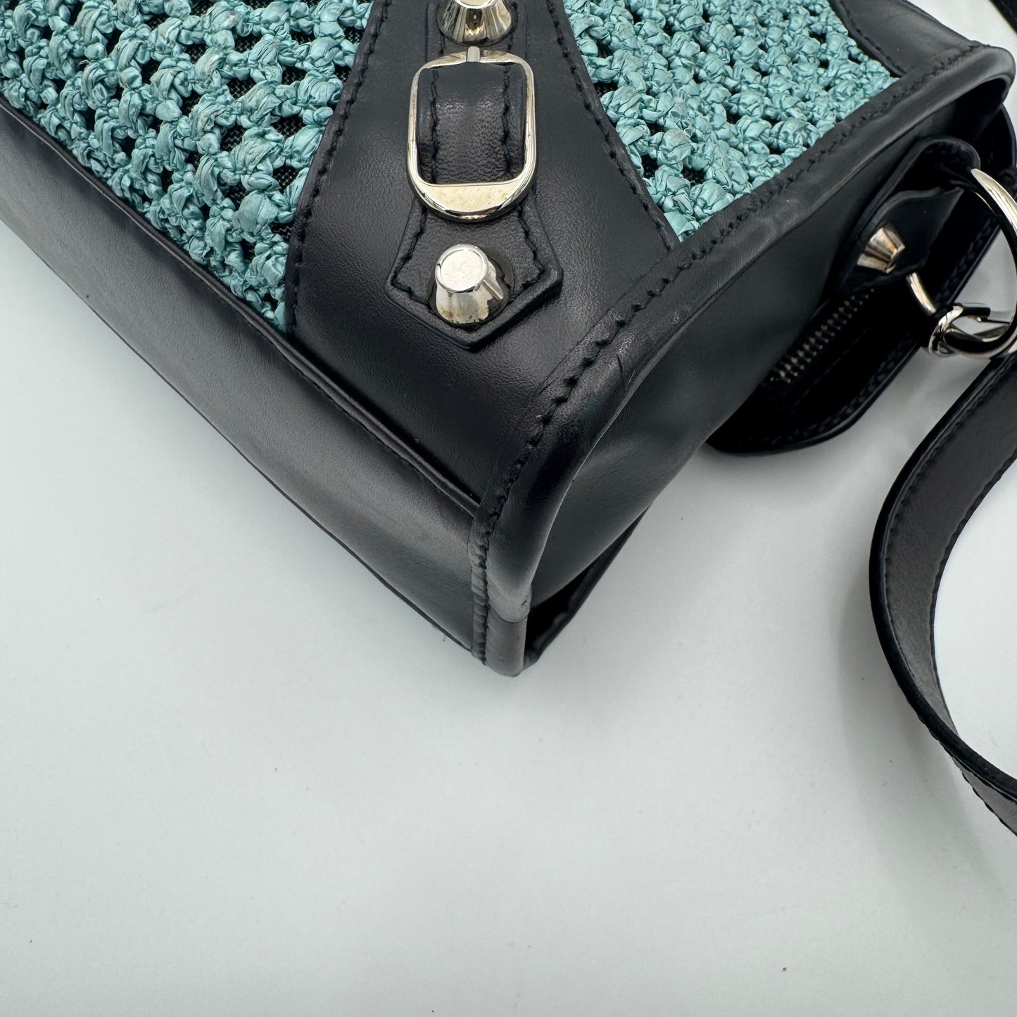 Balenciaga Black Leather Blue Green Raffia Mini City