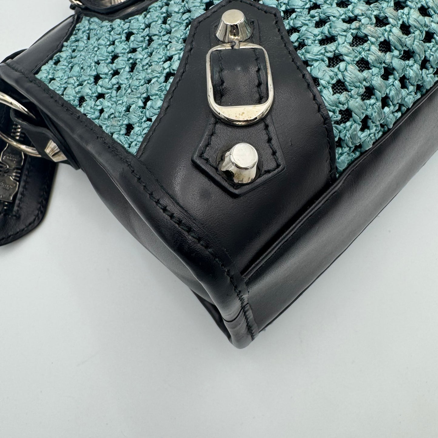 Balenciaga Black Leather Blue Green Raffia Mini City