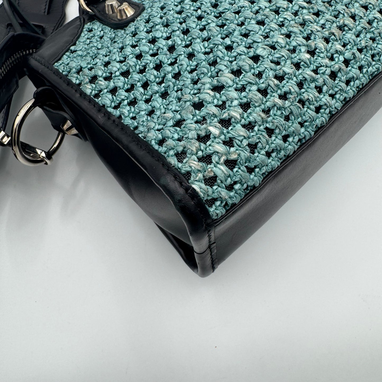 Balenciaga Black Leather Blue Green Raffia Mini City