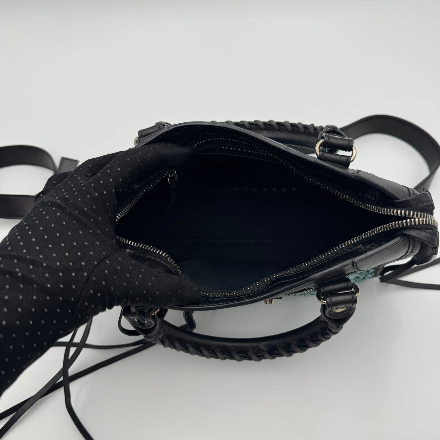 Balenciaga Black Leather Blue Green Raffia Mini City