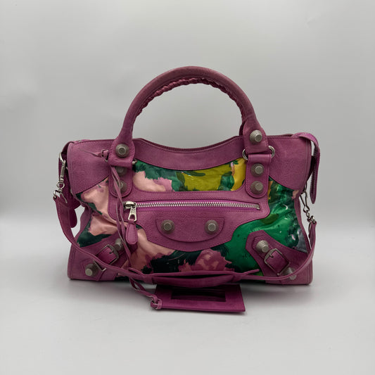 Balenciaga Pink Leather Floral Satin Giant 21 City SHW